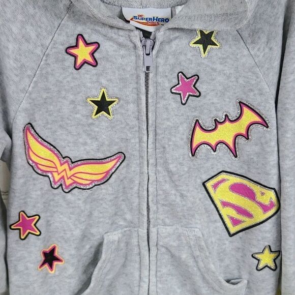 DC Super Hero Girls XS (4/5) Gray Plush Fleece Zip Front Hoodie Superman Batman - Picture 3 of 8